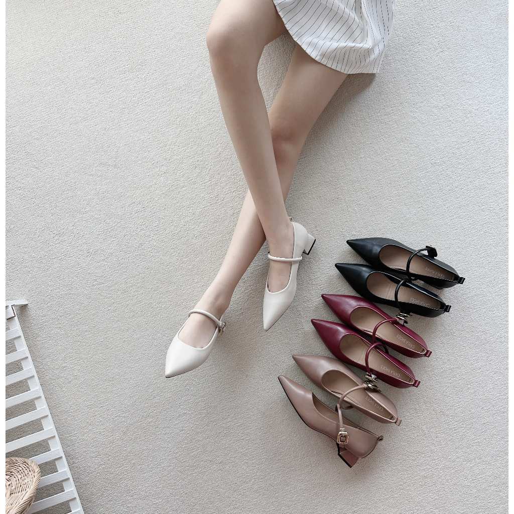 รองเท้าคัชชูผู้หญิง ปลายแหลมแมรี่เจน ส้น Block Heels สูง 1 นิ้ว หนัง PU CayLaShoes (3632-13)