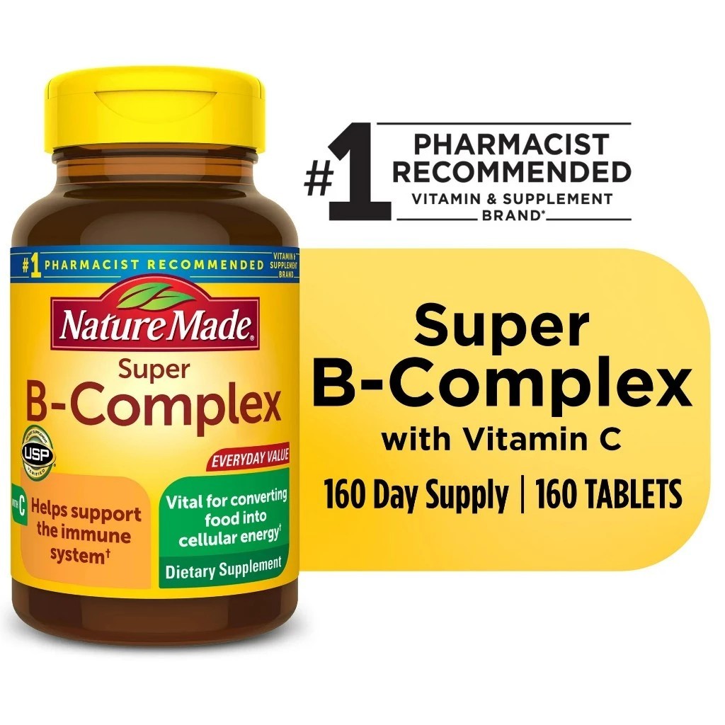 วิตามินบีรวม Nature Made Super B Complex with Vitamin C and Folic Acid Tablets, Dietary Supplement, 160 Count