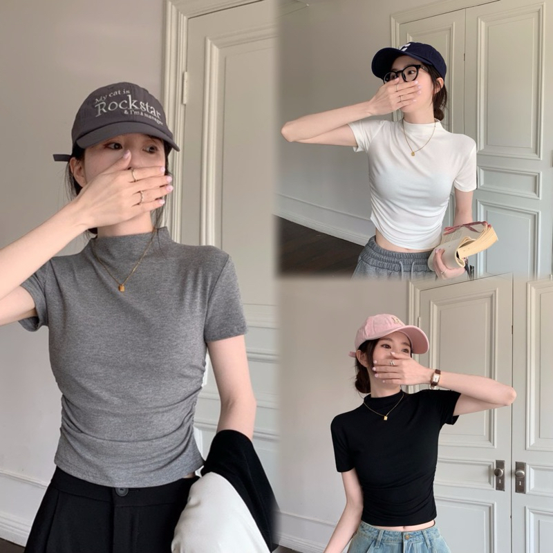 พร้อมส่ง เสื้อครอปสั้นcrop top ไหมพรมแขนสั้นคอปืน ดีเทลย่นเอวกระชับเข้ารูปเซ็กเบาๆ สีพื้น เสื้อยืดผู้หญิง ใส่ไปทำงาน