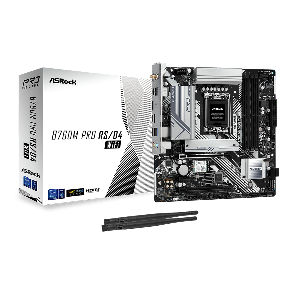 MAINBOARD ASROCK B760M PRO RS/D4 WIFI (DDR4) LGA 1700(M-ATX) ไม่มีกล่อง ใช้งานปกติ พร้อมเสา wifi