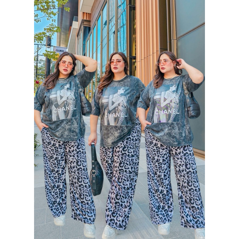 พร้อมส่ง🍬 พลัสไซส์ ชุดเซตผ้าฟอก เสื้อผ้าฟอกวินเทจสกรีนงานแบรน์ กางเกงกระบอกใหญ่ลายเสือดาว มีกระเป๋าข้าง มีเชือกผูกด้านใน