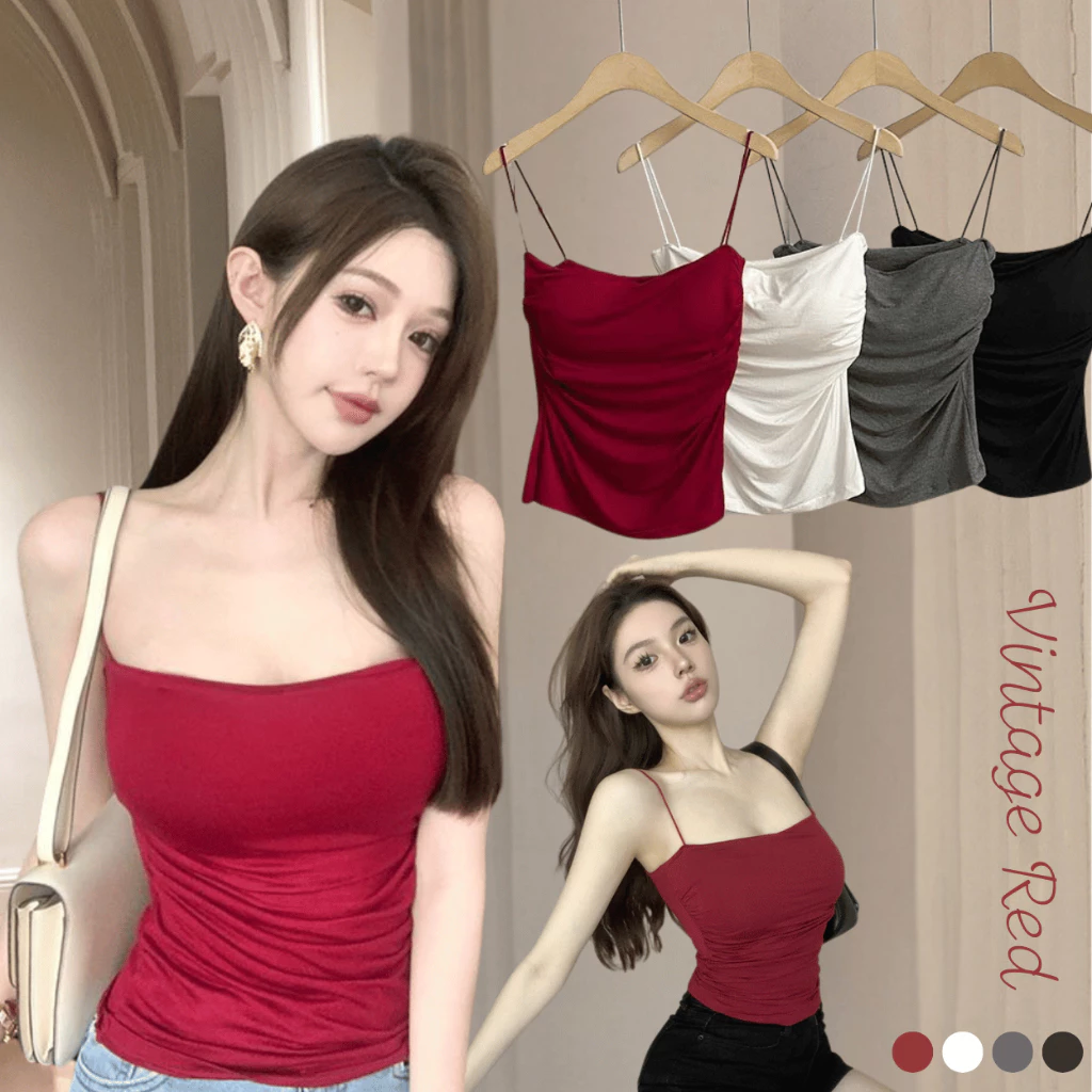 เสื้อสายเดี่ยวเสริมฟองน้ำ B-133 เสื้อสายเดี่ยวแต่งหย่นด้านข้าง เซ็กซี่ หรูหรา เหมาะกับสาวๆสายเที่ยว สายปาตี้ พร้อมส่ง