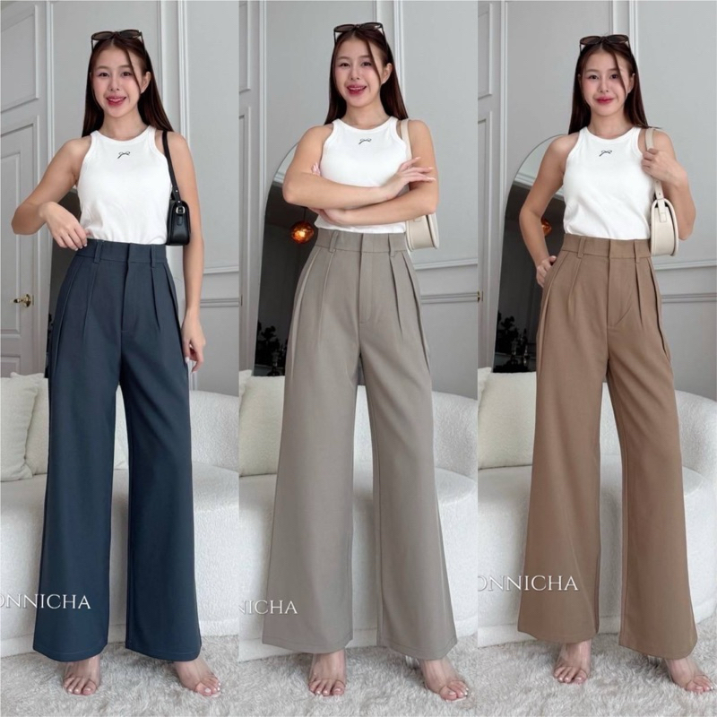 S-XXXL กางเกงขากระบอกใหญ่ จีบหน้า ผ้าออดี้ แต่งหูเข็มขัด เอวสูงทรงสวยเนื้อผ้าใส่สบาย
