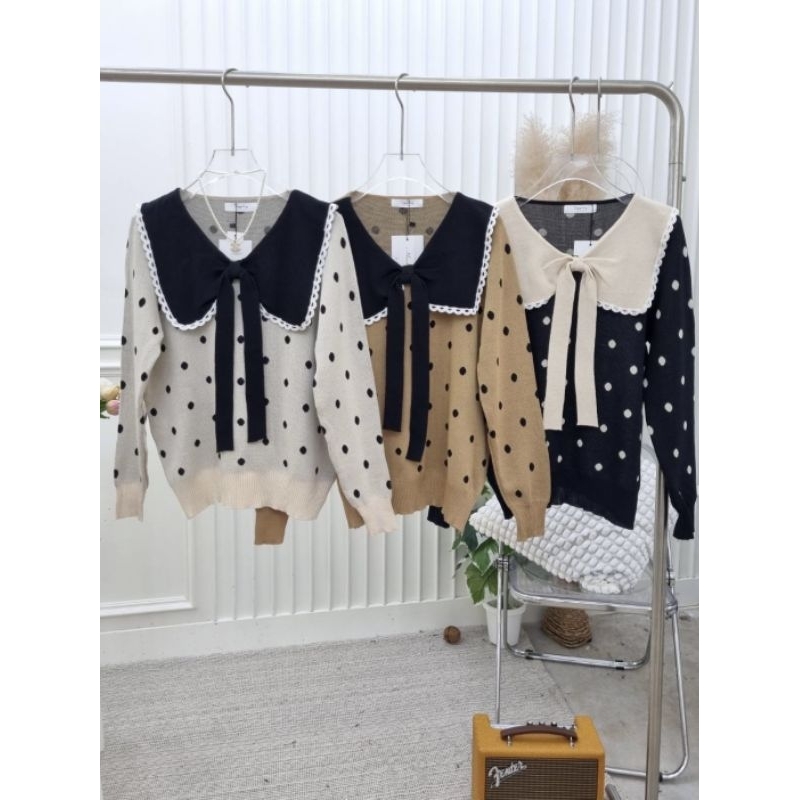 🚨 LTP 048 เสื้อไหมพรม แขนยาวลายจุด ดีเทล คอปก ระบายผูกโบว์ แขนจั้มเอวจั้ม  เสื้อผ้าแฟชั่น เสื้อแขนยา