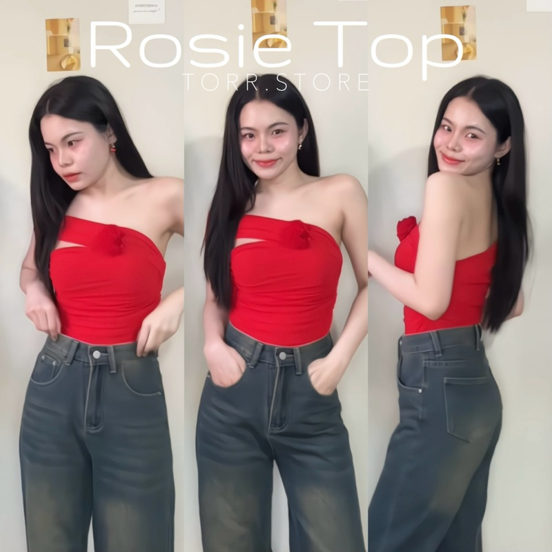 TORR.STORE Rosie Top | เสื้อเกาะอก แต่งปาดไหล่เฉียง ดีเทลแต่งดอกกุหลาบด้านหน้า เนื้อผ้าซีทรู มีซับในทั้งตัว