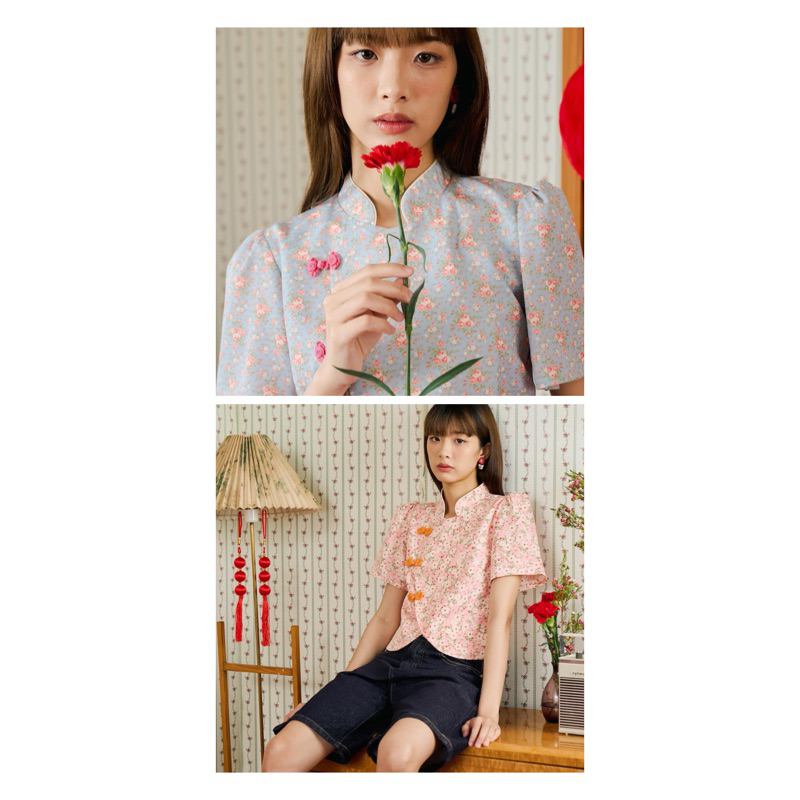 ( พร้อมส่ง สีฟ้า S,L / ชมพู XS-L) HERSPECTIVE TING TING CROP TOP เสื้อตรุษจีน เสื้อคอจีน