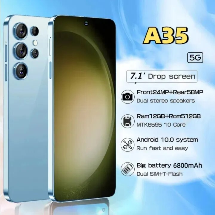 A35 5Gสมาร์ทโฟนโทรศัพท์มือถือเดิมเต็มหน้าจอ7.1นิ้วRAM 12GB + 512GB 6800MAh Androidโทรศัพท์ราคาถูก
