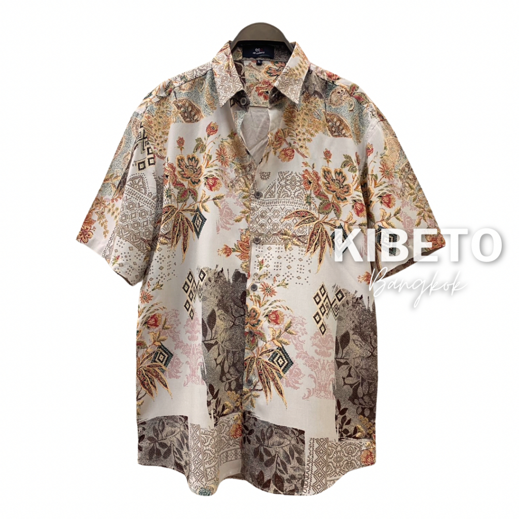 Kibeto เสื้อฮาวาย ลายดอกไม้ไทยวินเทจ สีกากี ผ้าสปันเรยอน เนื้อนิ่ม ใส่สบาย M L XL 2XL 3XL