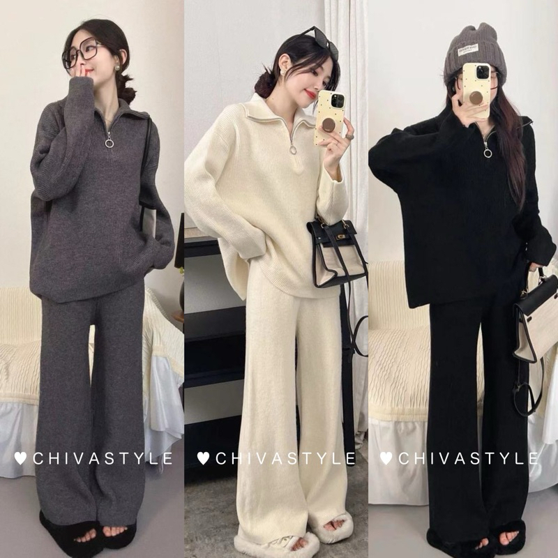 -𝐂𝐡𝐢𝐯𝐚- พร้อมส่ง เซ็ตสเวตเตอร์ไหมพรมคอซิป+ กางเกง (ผ้าหนาพิเศษ)