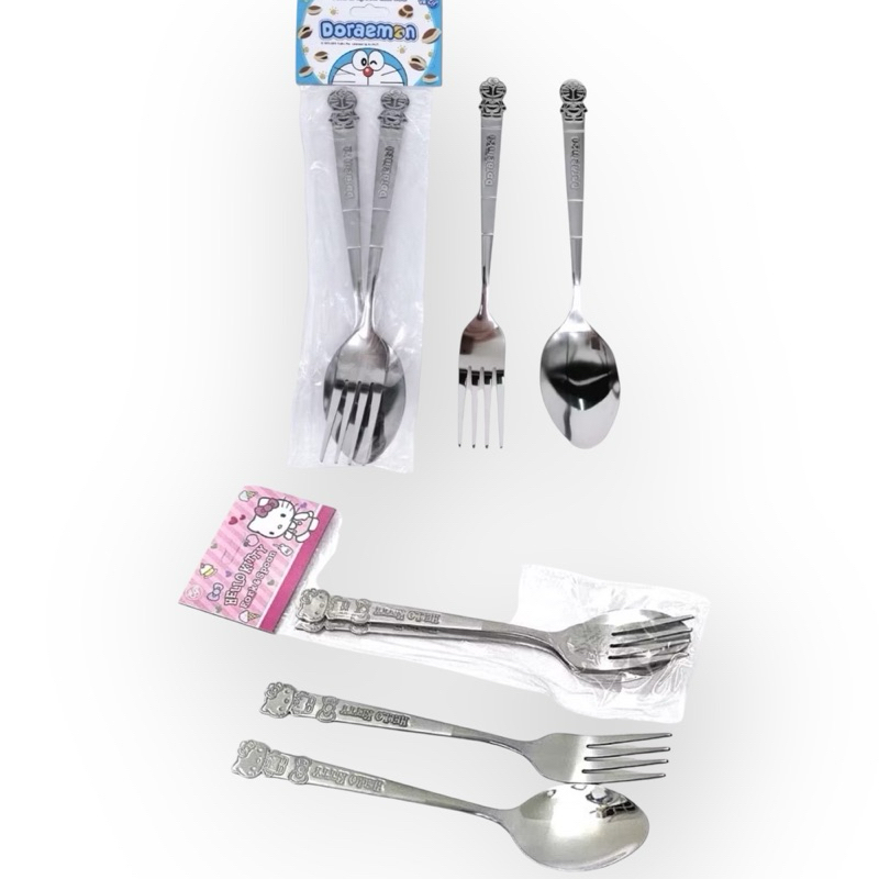 ส่งด่วน!! 2 วัน ช้อนส้อม ช้อนส้อมโดเรม่อน ช้อนส้อมคิดตี้ 🍴ปั๊มนูน ด้ามสแตนเลส