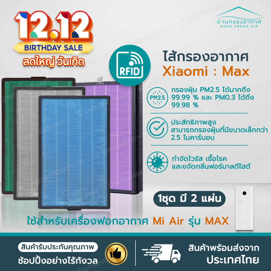 RFID (2 ชิ้นครบชุด) แผ่นกรองอากาศ สำหรับ XIAOMI MI AIR PURIFIER MAX FILTER อะไหล่ OEM ไส้กรอง Xiaomi Max