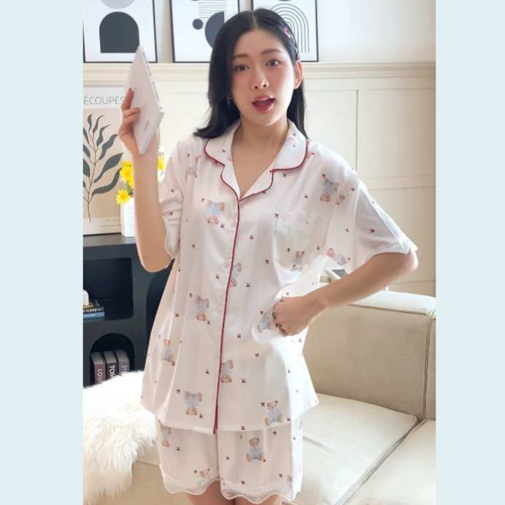 Lavender ชุดนอนผ้าไหมซาติน Silk Satin เนื้อนุ่ม ลายหมีน่ารัก