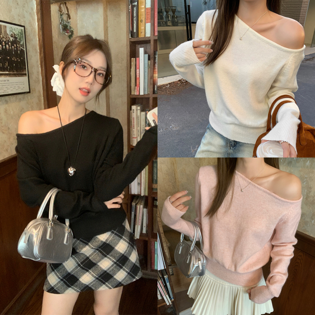 STYLE เสื้อไหมพรมแขนยาว เปิดไหล่ ดีเทล ตามตัว ใส่ง่าย น่ารักและอ่อนโยนเสื้อยืดปาดไหล่สไตล์เกาหลี มี 3 สีให้เลือก #x604