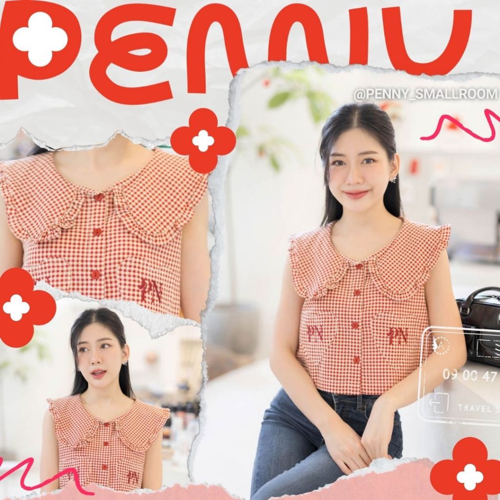 PENNY เพนนี เสื้อลายสก็อต สีแดง คอบัวระบาย แขนกุด ปักลาย PN