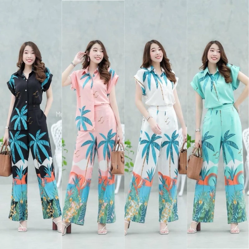 🌴เซ็ท 2 ชิ้น ลายมะพร้าว เสื้อเชิ้ตกระดุมหน้าแขนเบิ้ล + กางเกงขายาว