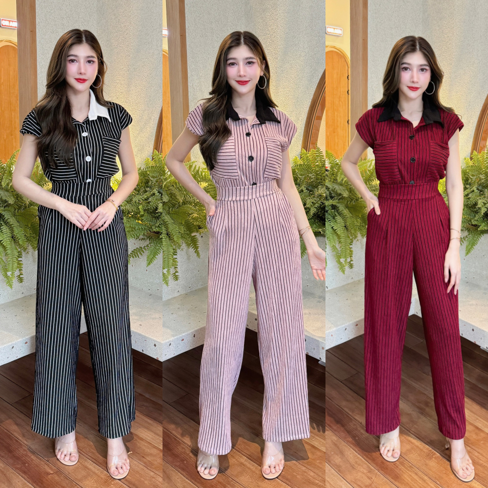 ชุดเซตยาวผ้าเปลือกไม้ลายริ้ว เสื้อแขนล้ำคอปกกระดุมหน้ากระเป๋าหน้า+กางเกงเอวเรียบสม็อคหลังมีกระเป๋า A5520