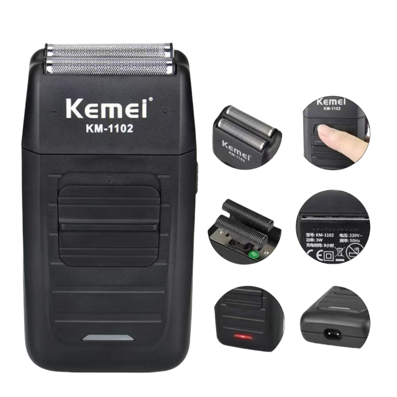 Kemei KM-1102 เครื่องโกนหนวดแบบชาร์จไฟ ระบบตัดใบมีดคู่ ที่โกนหนวดไฟฟ้าแบบชาร์จ 2 ใบมีด