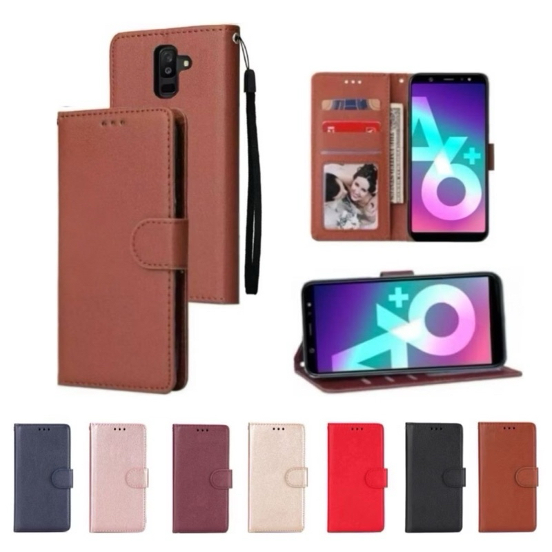 เคสหนังฝาพับ Samsung Galaxy A6 plus /J8 เคสหนัง มีสายห้อยมือ พร้อมช่องใส่บัตร เคสกระเป๋า