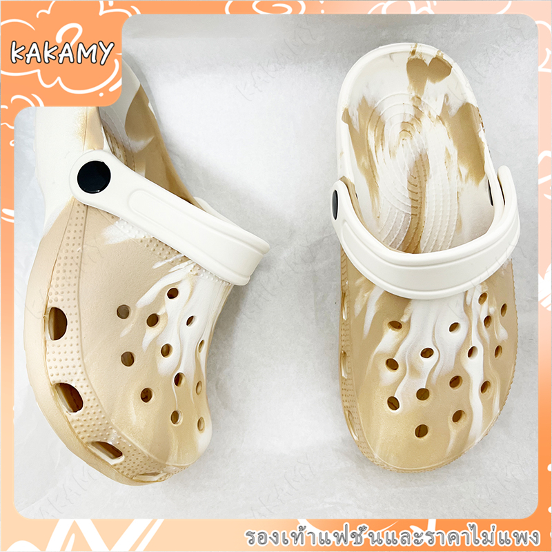 KAKAMY รองเท้าแตะชายหาด รองเท้าหัวโตแบบมีรู สไตล์เกาหลี DIY แฟชั่น พื้นหนา