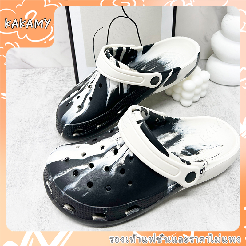 KAKAMY รองเท้าแตะชายหาด รองเท้าหัวโตแบบมีรู สไตล์เกาหลี DIY แฟชั่น พื้นหนา