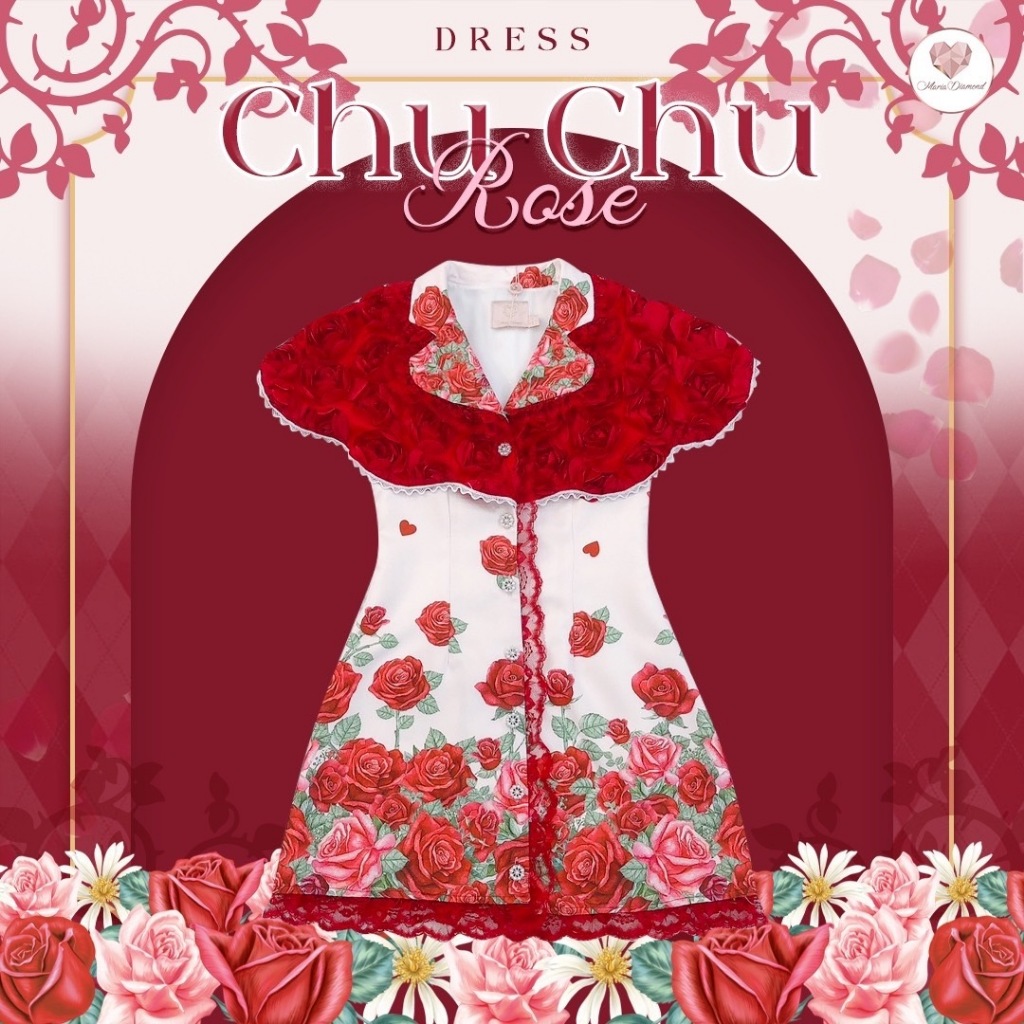 Chu Chu Rose Dress เดรสสั้นทรงเอผ้าไหมญี่ปุ่นพิมพ์ลาย ปกวินเทจกุหลาบ 3D สีแดง กระดุมหน้า มีซับใน