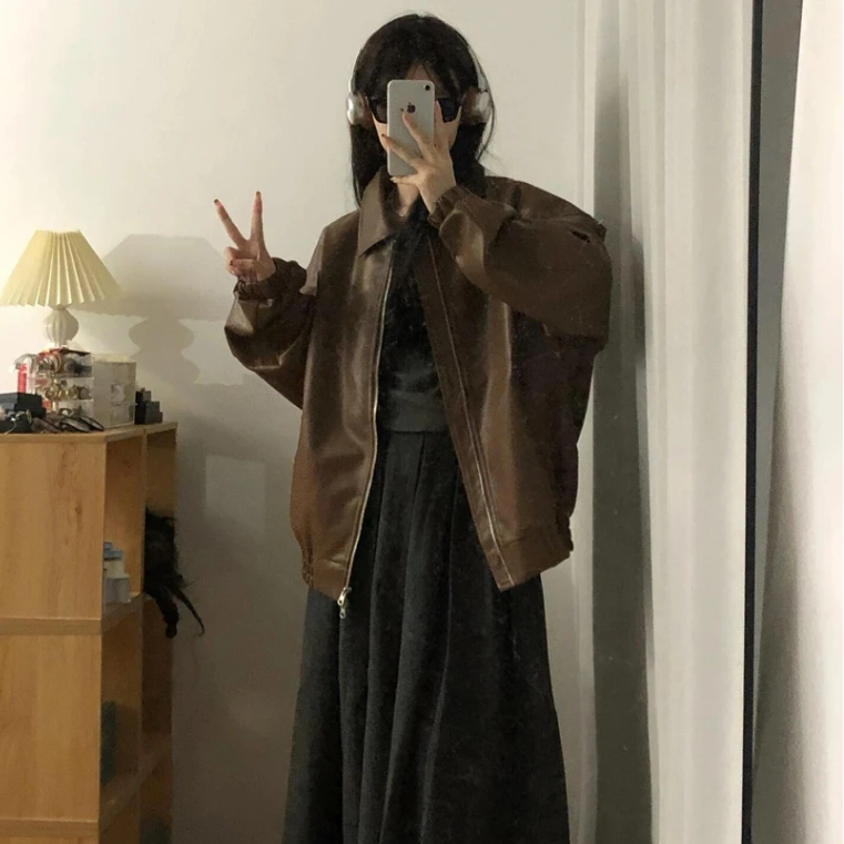 【yrxty4lhld】 ฤดูใบไม้ร่วงแฟชั่น retro ชุดเบสบอลเสื้อแจ็คเก็ตหนังผู้หญิงหวานออกแบบหลวมสไตล์เสื้อหนัง #1210