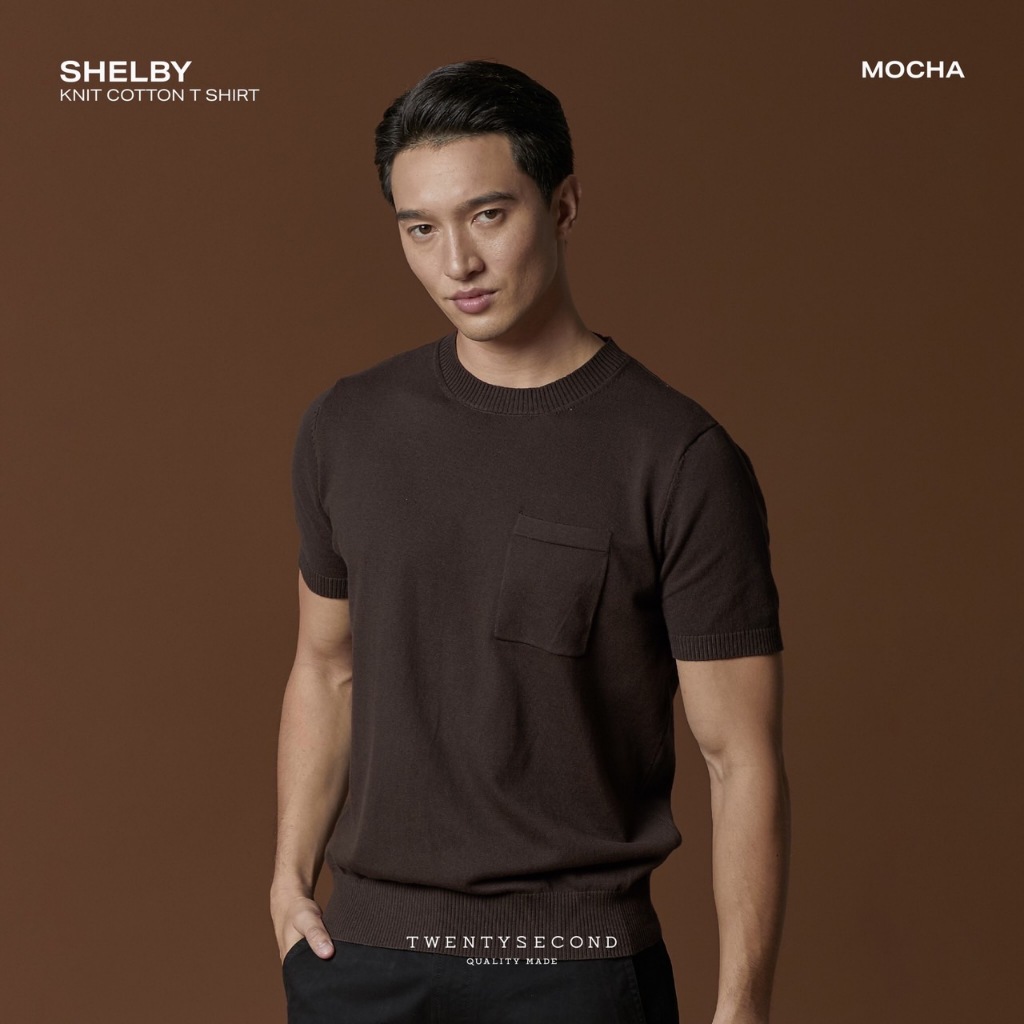 TWENTYSECOND เสื้อยืดแขนสั้นผ้า Knit รุ่น Shelby Knit Cotton Tee - น้ำตาลเข้ม / Mocha
