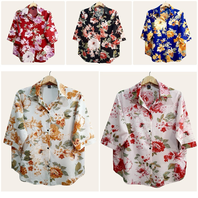 (อก 44”) เสื้อเชิ้ต เเขนสามส่วน ผ่าหน้า ลายดอกใหญ่ ผ้าไหมอิตาลี ไม่ต่องรีด