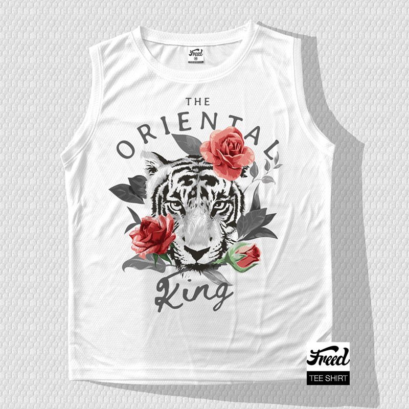 FREEDเสือแขนกุด สีขาวพิมพ์ลาย ผ้าสปอร์ตไมโครทอลายรังผึ้ง Unisex