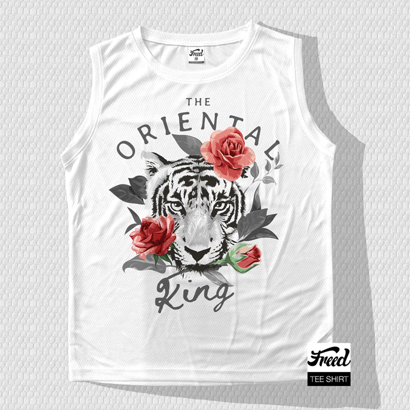 FREEDเสือแขนกุด สีขาวพิมพ์ลาย ผ้าสปอร์ตไมโครทอลายรังผึ้ง Unisex