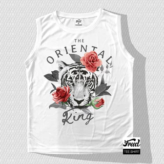 FREEDเสือแขนกุด สีขาวพิมพ์ลาย ผ้าสปอร์ตไมโครทอลายรังผึ้ง Unisex