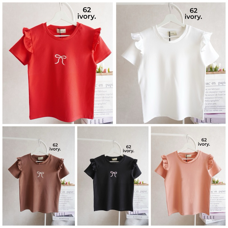 62-IVORY เสื้อยืดยูนิโคล่ คอกลมแต่งระบายแขน สุดน่ารัก แมทส์ง่าย