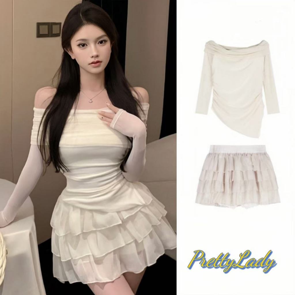 PrettyLady สไตล์อ่อนโยน เสื้อไหล่เดียว กระโปรงทรงเค้ก ชุดสอง.
