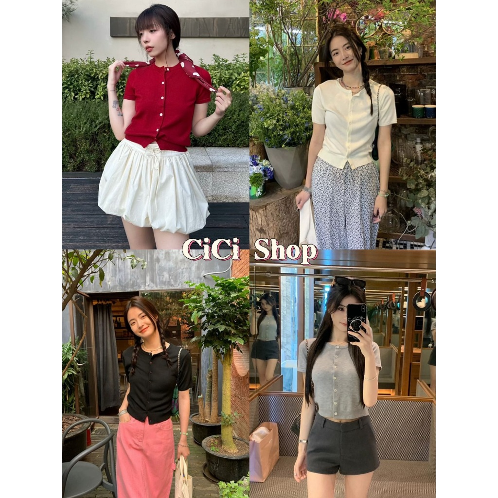 Cicishop(X1729) เสื้อแขนสั้นไหมพรมคอกลม ดีเทลกระดุมหน้า ผ้านุ่มนิ่มสุดๆ