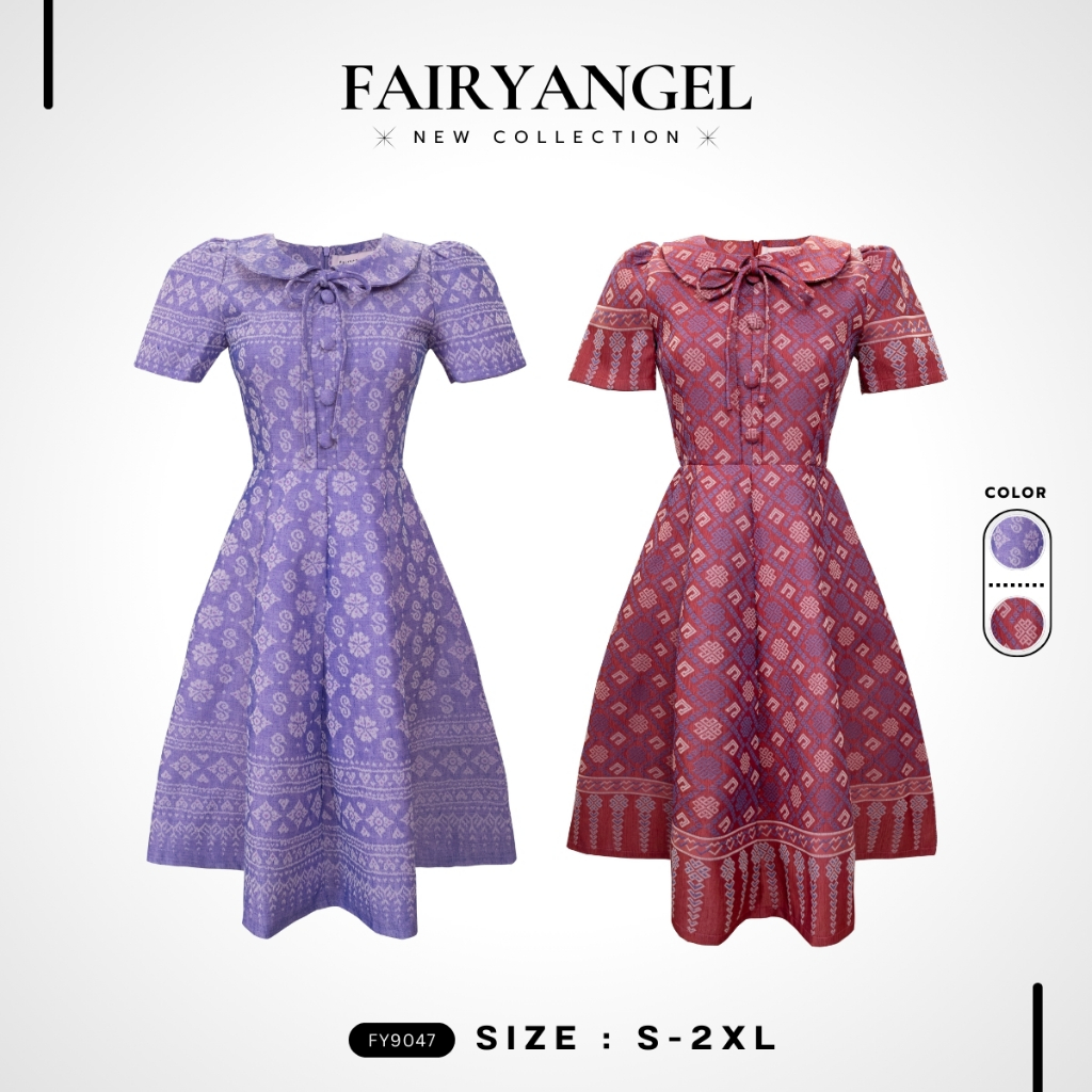 Fairyangelstore - เดรสคอปกผูกโบว์ผ้าไทยพิมพ์ลาย (FY9047)