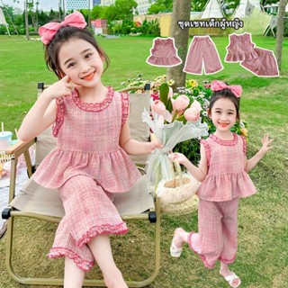 1-7 ปี ฤดูร้อนใหม่สีชมพูเด็กสาวชุดสองชิ้น ชุดแขนสั้นเด็กผู้ห…