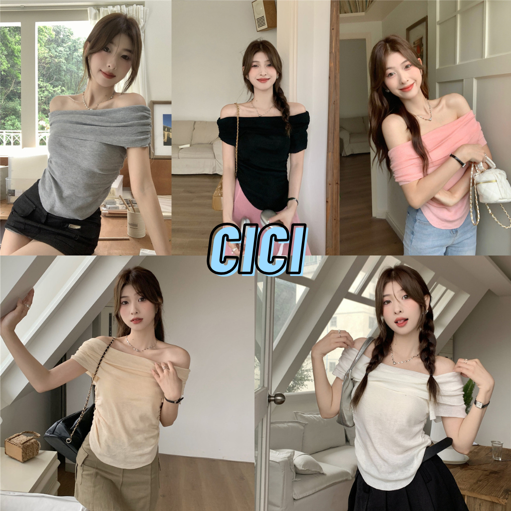 Cici(NO.M2308) เสื้อปาดไหล่แขนสั้นไหมพรม ดีเทลจั้มตรงเอว สไตล์สาวเปรี้ยว