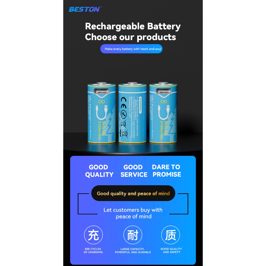 ถ่านชาร์จ BESTON 3100 mWh 16340 3.7V RCR123A Li-ion High Capacity Type-C USB Fast Charge Rechargeabl  2 ก้อน