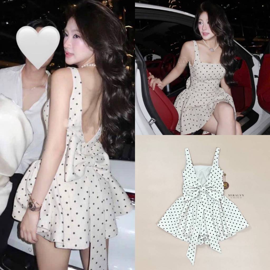 Miralyn เซต 3 ชิ้น เซตรอแซนต้ามินิเดรสลายจุดสีครีมแขนกุดเว้าหลังเล็กๆ