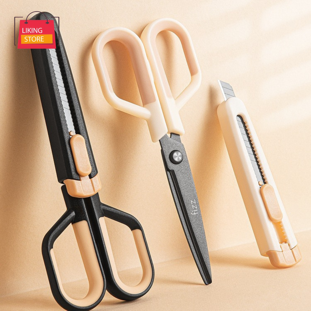 2in1 กรรไกรอเนกประสงค์ พร้อมคัตเตอร์ในตัว ใบมีดคม ทนทาน สีดำ