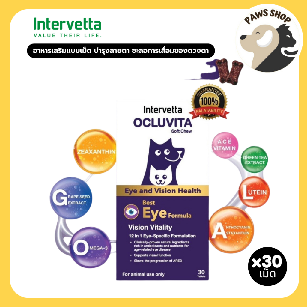 Ocluvita บำรุงสายตาและดวงตา สำหรับสุนัขและแมว 30 เม็ด (เลขทะเบียน 01-08-66-0076)