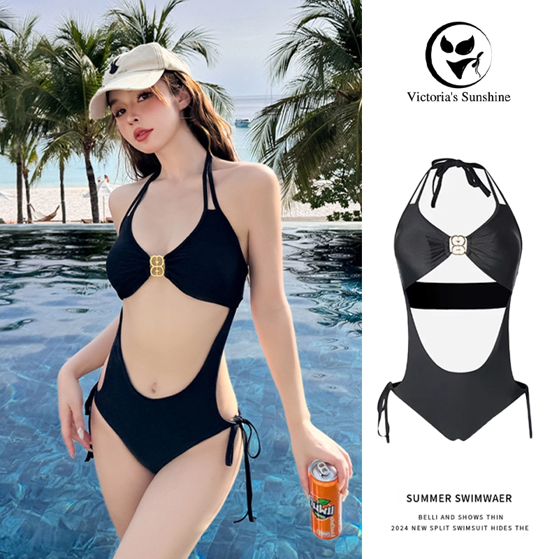ส่งไวจากไทย ชุดว่ายน้ำผู้หญิง วันพีช เซ็กซี่ swimsuit black ผูกคอ มีฟองน้ำ summer#0389