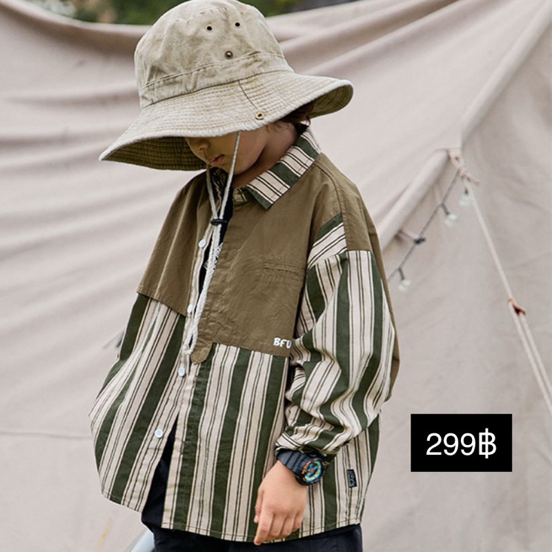 เสื้อเชิ้ตเขียวเด็กผู้ชายลายริ้ว พร้อมส่งจากไทย