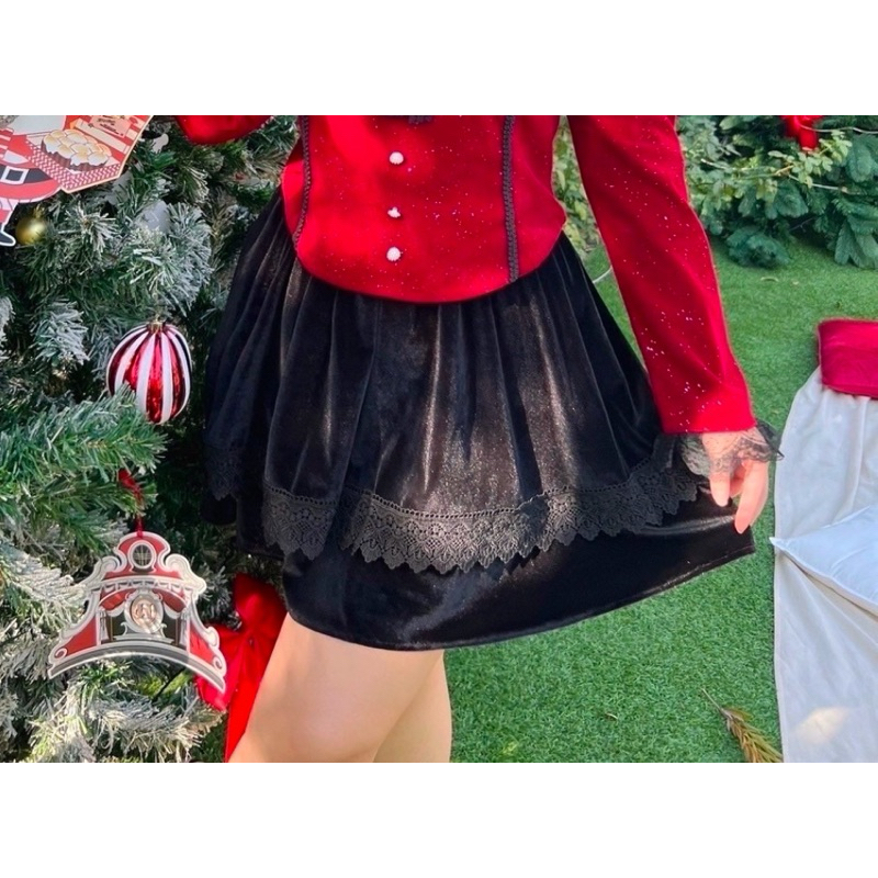 กระโปรงสั้นผ้ากำมะหยี่2ชั้นทรงพริ้ว