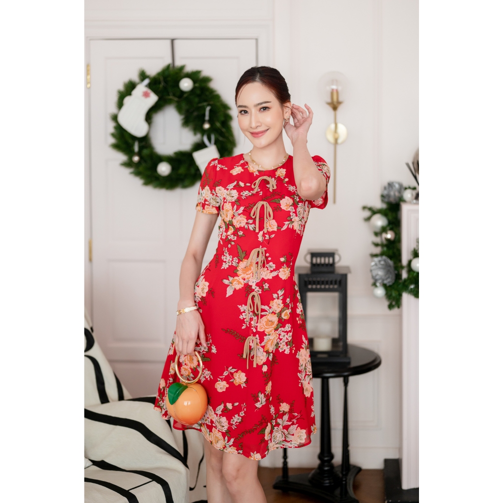 PD307 Chinese Dress เดรสผ้าชีฟองลายดอกแดง คอกลม แต่งโบว์ กระโปรงบานย้วย