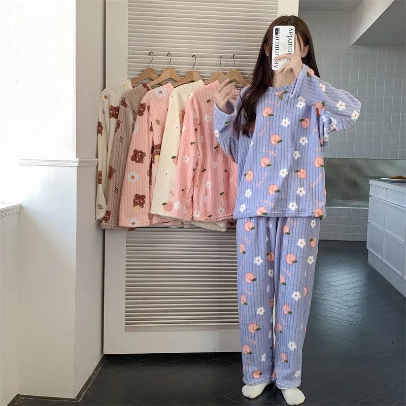 ชุดนอนขนแกะปะการังฤดูหนาวกำมะหยี่หนากางเกงการ์ตูนหวานน่ารักเหมาะสำหรับผู้หญิง สินค้าพร้อมจัดส่ง