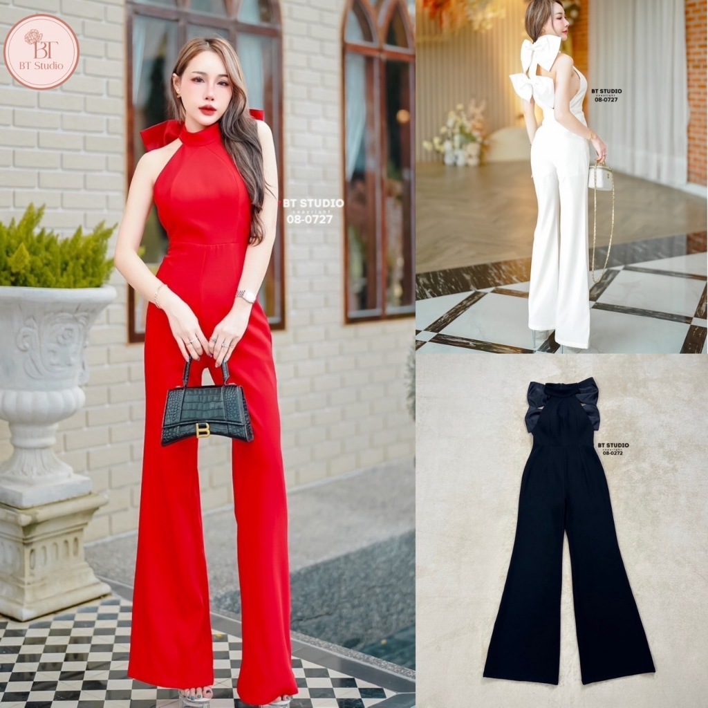 BT 08-0727 จั้มสูทขายาวแต่งคอปิดแขนกุด ด้านหลังแต่งสายคาดกลางหลังแต่งโบใหญ่ 2 อันเรียงกัน