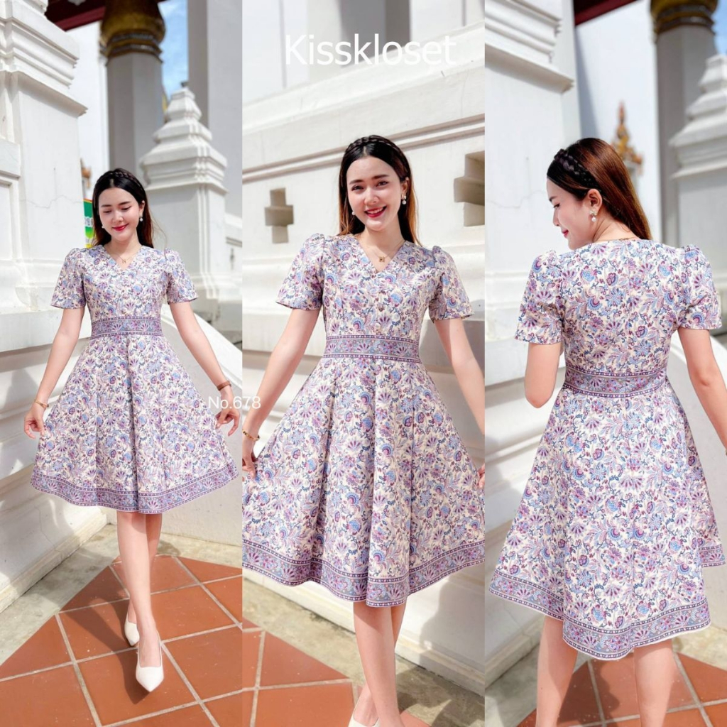 Kety Smile ชุดเดรสผ้าปาเต๊ะ กระโปรงบาน8ชิ้น มีกระเป๋า2ข้าง งานอัดกาวทั้งชุด (S-2XL) N678