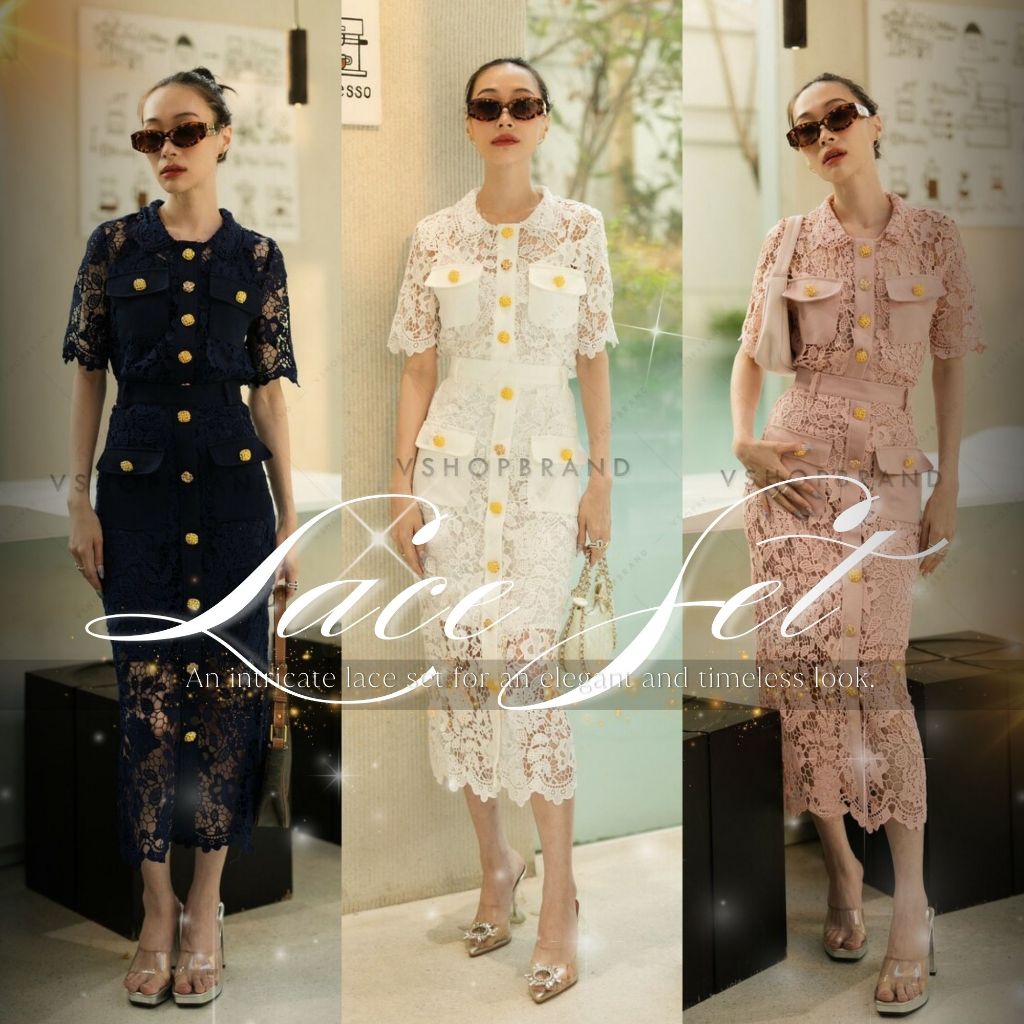 พร้อมส่ง Set เสื้อฉลุลูกไม้และกระโปรงยาว งานป้าย vshopbrand