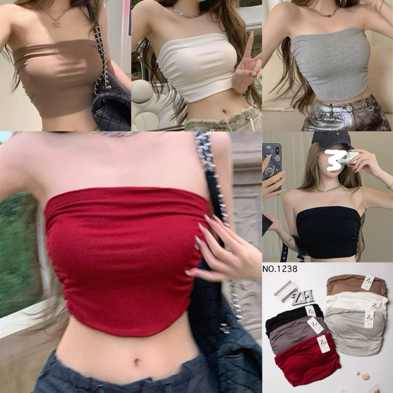 ZH.1238เกาะอกสไตล์วินเทจ_เสื้อเกาะอกครอปฟองน้ำในตัว_ด้านข้างแต่งย่น